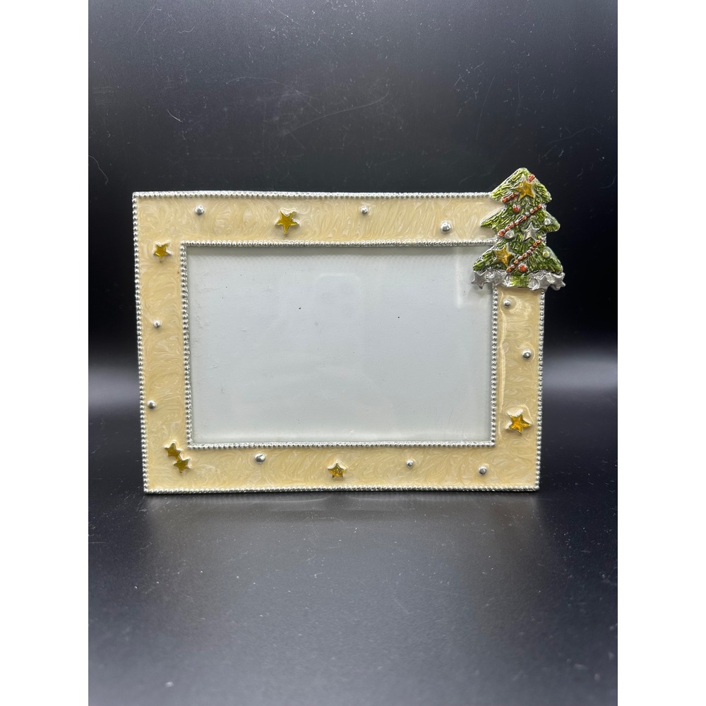 Enamel Christmas Tree Picture Frame Cream Marbled Gold Stars Holiday Decor 5x7